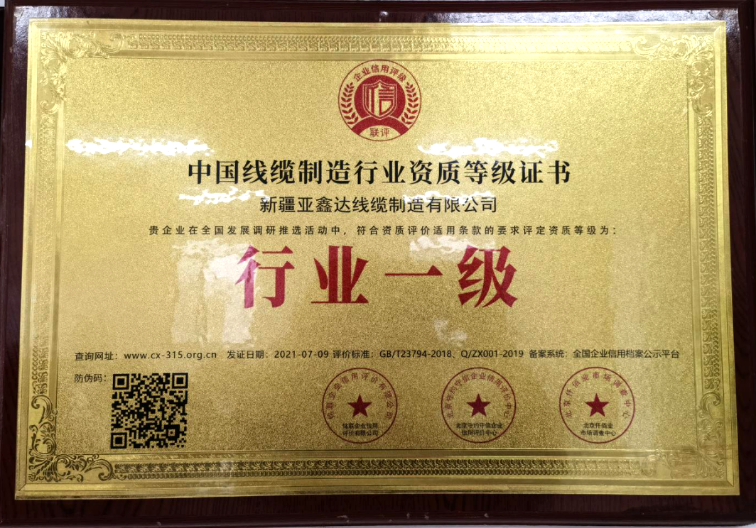 “行业一级”证书